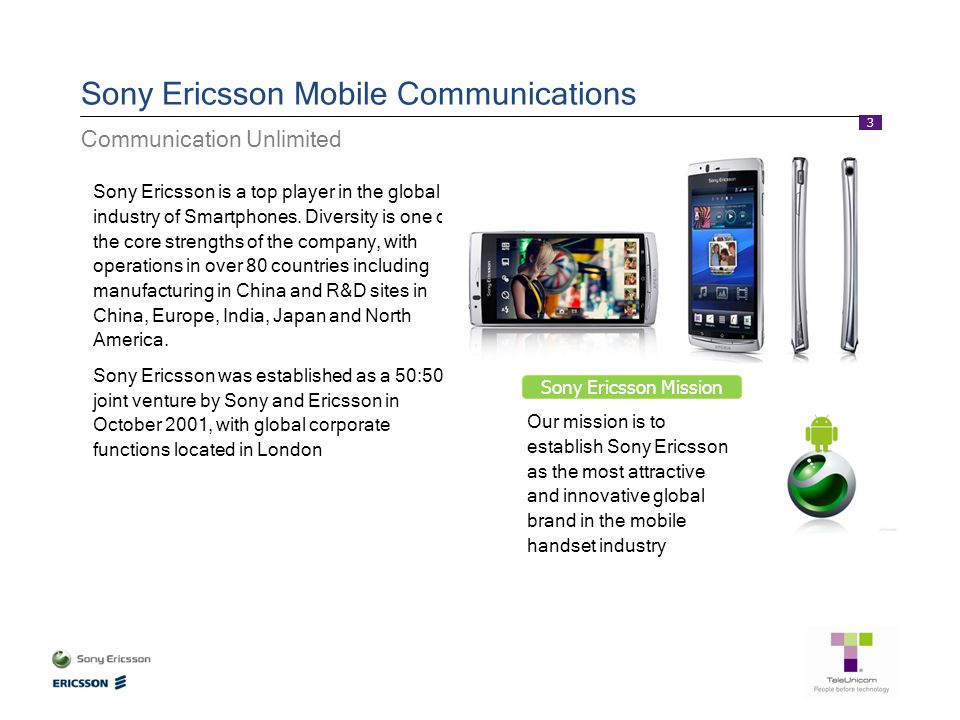 3 Sony Ericsson Mobile Communications Communication Unlimited Sony Ericsson is a top player in the global industry of Smartphones.