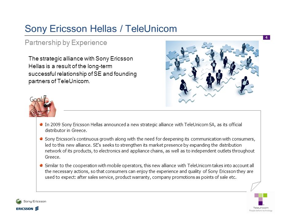 4 Sony Ericsson Hellas / TeleUnicom Partnership by Experience The strategic alliance with Sony Ericsson Hellas is a result of the long-term successful relationship of SE and founding partners of TeleUnicom.