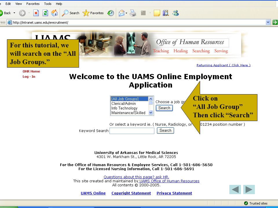 For this tutorial, we will search on the All Job Groups. Click on All Job Group Then click Search