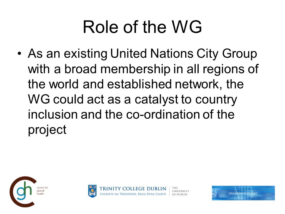 Role of the WG As an existing United Nations City Group with a broad membership in all regions of the world and established network, the WG could act as a catalyst to country inclusion and the co-ordination of the project