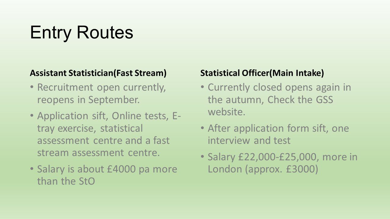Entry Routes Assistant Statistician(Fast Stream) Recruitment open currently, reopens in September.
