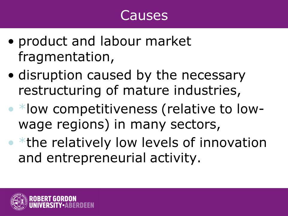 Causes product and labour market fragmentation, disruption caused by the necessary restructuring of mature industries, *low competitiveness (relative to low- wage regions) in many sectors, *the relatively low levels of innovation and entrepreneurial activity.