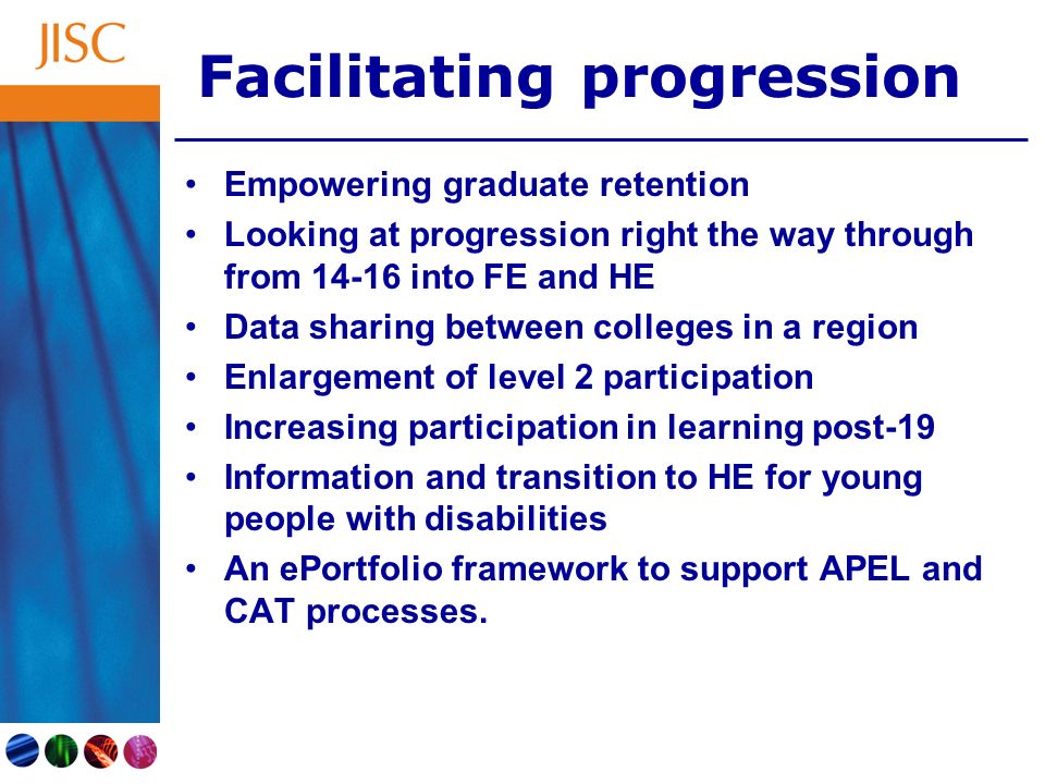 Facilitating progression Empowering graduate retention Looking at progression right the way through from into FE and HE Data sharing between colleges in a region Enlargement of level 2 participation Increasing participation in learning post-19 Information and transition to HE for young people with disabilities An ePortfolio framework to support APEL and CAT processes.