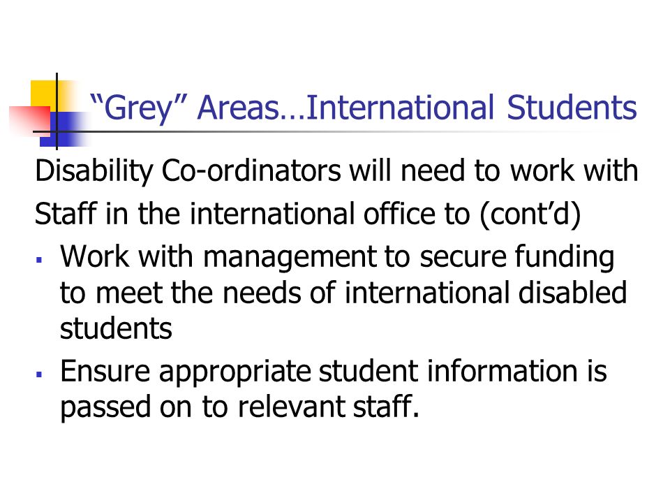Grey Areas…International Students Disability Co-ordinators will need to work with Staff in the international office to (contd) Work with management to secure funding to meet the needs of international disabled students Ensure appropriate student information is passed on to relevant staff.