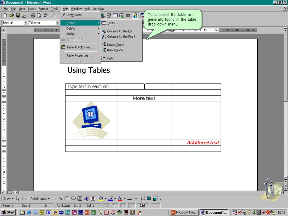 Tools to edit the table are generally found in the table drop down menu.