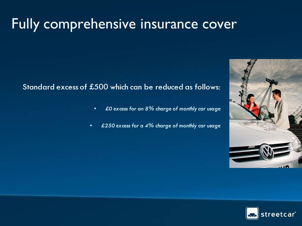 Fully comprehensive insurance cover Standard excess of £500 which can be reduced as follows: £0 excess for an 8% charge of monthly car usage £250 excess for a 4% charge of monthly car usage