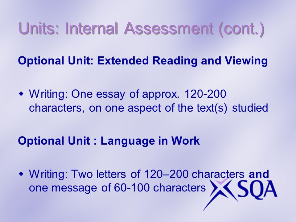Units: Internal Assessment (cont.) Optional Unit: Extended Reading and Viewing Writing: One essay of approx.