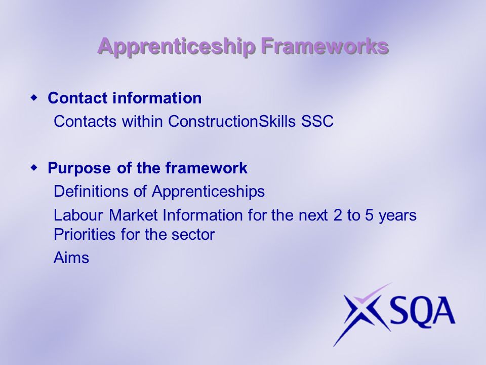 Apprenticeship Frameworks Contact information Contacts within ConstructionSkills SSC Purpose of the framework Definitions of Apprenticeships Labour Market Information for the next 2 to 5 years Priorities for the sector Aims