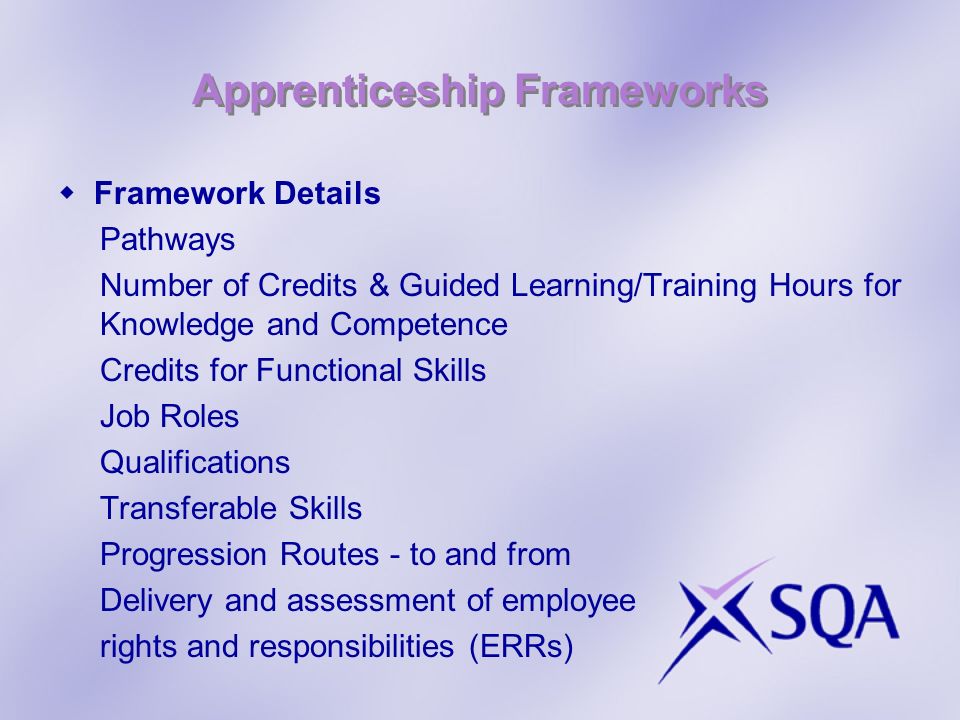 Apprenticeship Frameworks Framework Details Pathways Number of Credits & Guided Learning/Training Hours for Knowledge and Competence Credits for Functional Skills Job Roles Qualifications Transferable Skills Progression Routes - to and from Delivery and assessment of employee rights and responsibilities (ERRs)