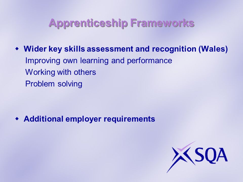 Apprenticeship Frameworks Wider key skills assessment and recognition (Wales) Improving own learning and performance Working with others Problem solving Additional employer requirements