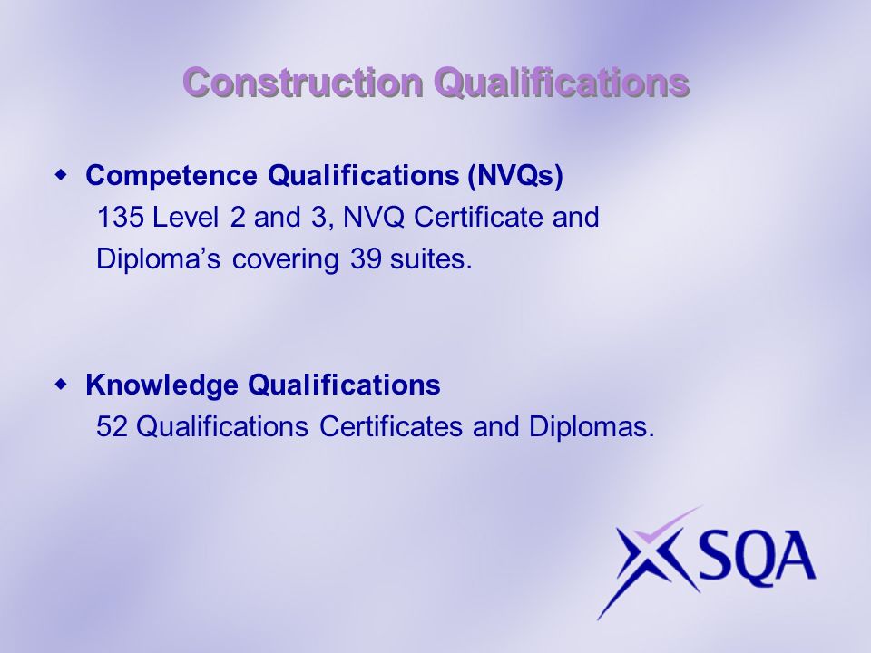 Construction Qualifications Competence Qualifications (NVQs) 135 Level 2 and 3, NVQ Certificate and Diplomas covering 39 suites.