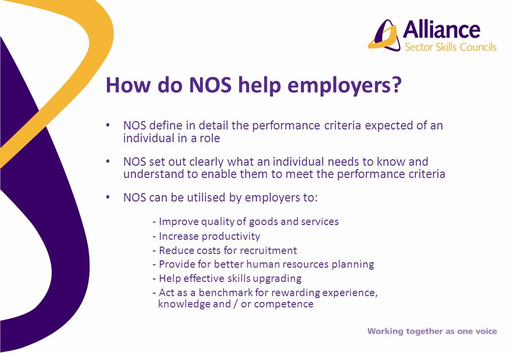 NOS define in detail the performance criteria expected of an individual in a role NOS set out clearly what an individual needs to know and understand to enable them to meet the performance criteria NOS can be utilised by employers to: - Improve quality of goods and services - Increase productivity - Reduce costs for recruitment - Provide for better human resources planning - Help effective skills upgrading - Act as a benchmark for rewarding experience, knowledge and / or competence How do NOS help employers