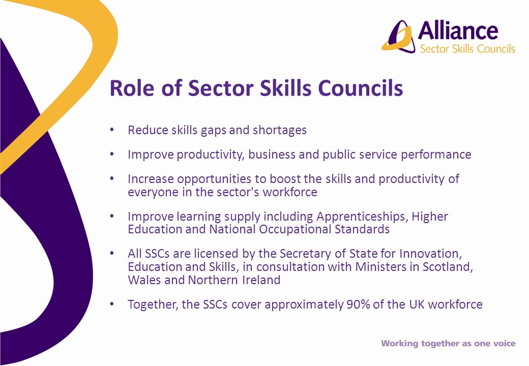 Reduce skills gaps and shortages Improve productivity, business and public service performance Increase opportunities to boost the skills and productivity of everyone in the sector s workforce Improve learning supply including Apprenticeships, Higher Education and National Occupational Standards All SSCs are licensed by the Secretary of State for Innovation, Education and Skills, in consultation with Ministers in Scotland, Wales and Northern Ireland Together, the SSCs cover approximately 90% of the UK workforce Role of Sector Skills Councils