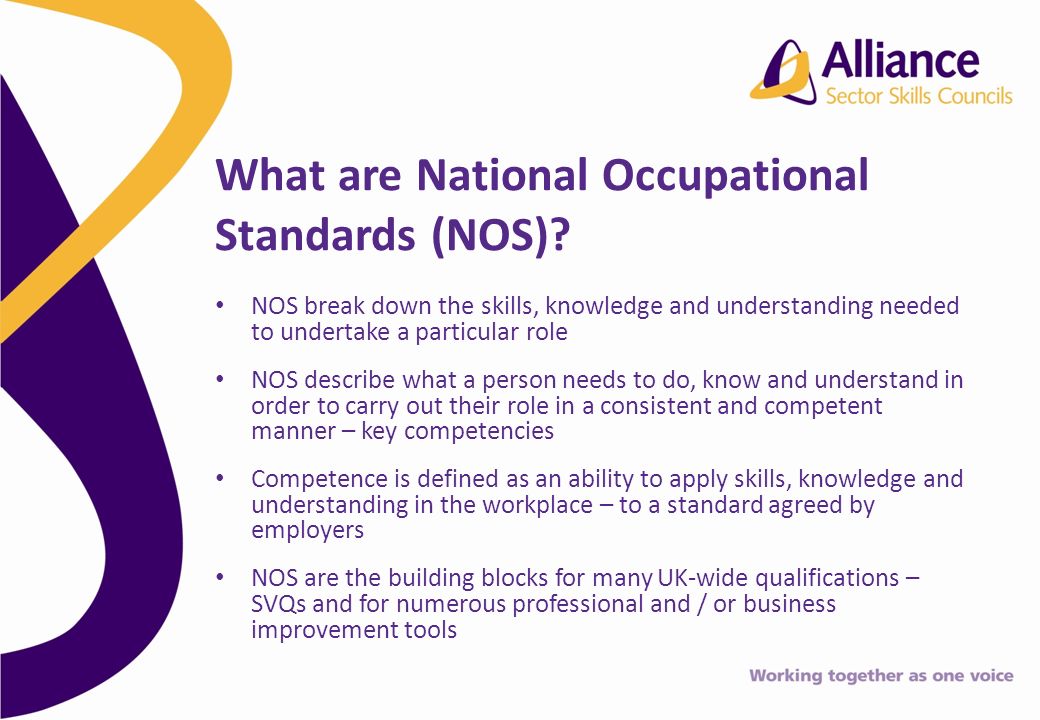 NOS break down the skills, knowledge and understanding needed to undertake a particular role NOS describe what a person needs to do, know and understand in order to carry out their role in a consistent and competent manner – key competencies Competence is defined as an ability to apply skills, knowledge and understanding in the workplace – to a standard agreed by employers NOS are the building blocks for many UK-wide qualifications – SVQs and for numerous professional and / or business improvement tools What are National Occupational Standards (NOS)