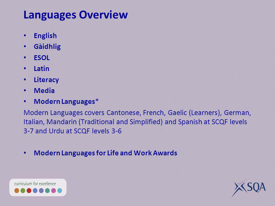 Languages Overview English Gàidhlig ESOL Latin Literacy Media Modern Languages* Modern Languages covers Cantonese, French, Gaelic (Learners), German, Italian, Mandarin (Traditional and Simplified) and Spanish at SCQF levels 3-7 and Urdu at SCQF levels 3-6 Modern Languages for Life and Work Awards