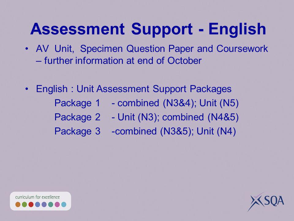 Assessment Support - English AV Unit, Specimen Question Paper and Coursework – further information at end of October English : Unit Assessment Support Packages Package 1 - combined (N3&4); Unit (N5) Package 2 - Unit (N3); combined (N4&5) Package 3 -combined (N3&5); Unit (N4)