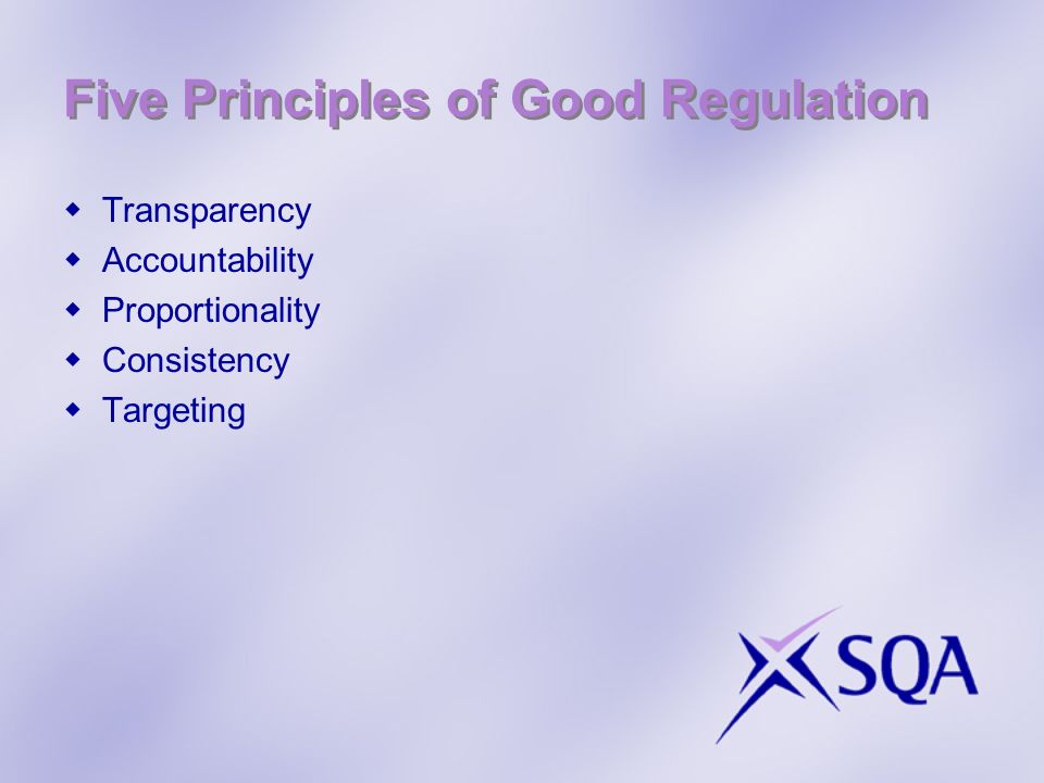 Five Principles of Good Regulation Transparency Accountability Proportionality Consistency Targeting