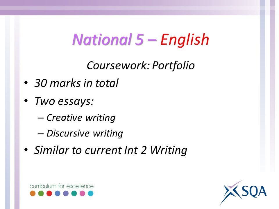 National 5 – National 5 – English Coursework: Portfolio 30 marks in total Two essays: – Creative writing – Discursive writing Similar to current Int 2 Writing