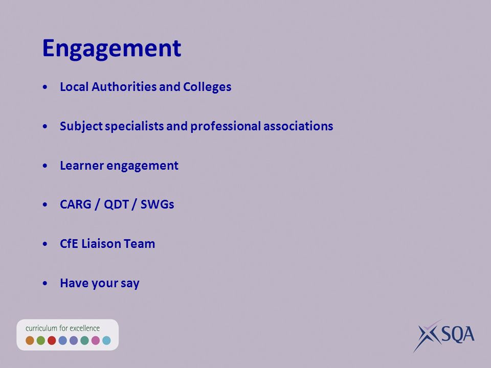 Engagement Local Authorities and Colleges Subject specialists and professional associations Learner engagement CARG / QDT / SWGs CfE Liaison Team Have your say