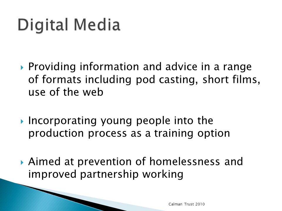 Providing information and advice in a range of formats including pod casting, short films, use of the web Incorporating young people into the production process as a training option Aimed at prevention of homelessness and improved partnership working Calman Trust 2010