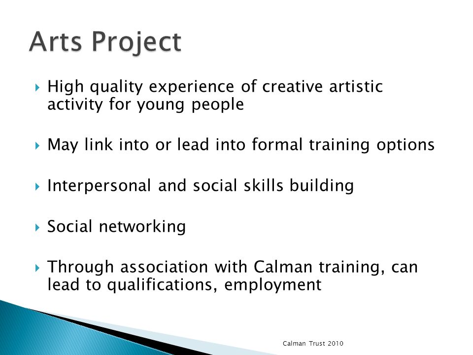 High quality experience of creative artistic activity for young people May link into or lead into formal training options Interpersonal and social skills building Social networking Through association with Calman training, can lead to qualifications, employment Calman Trust 2010