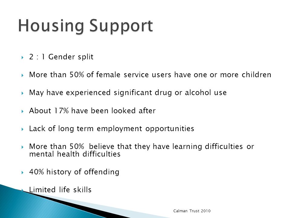2 : 1 Gender split More than 50% of female service users have one or more children May have experienced significant drug or alcohol use About 17% have been looked after Lack of long term employment opportunities More than 50% believe that they have learning difficulties or mental health difficulties 40% history of offending Limited life skills Calman Trust 2010