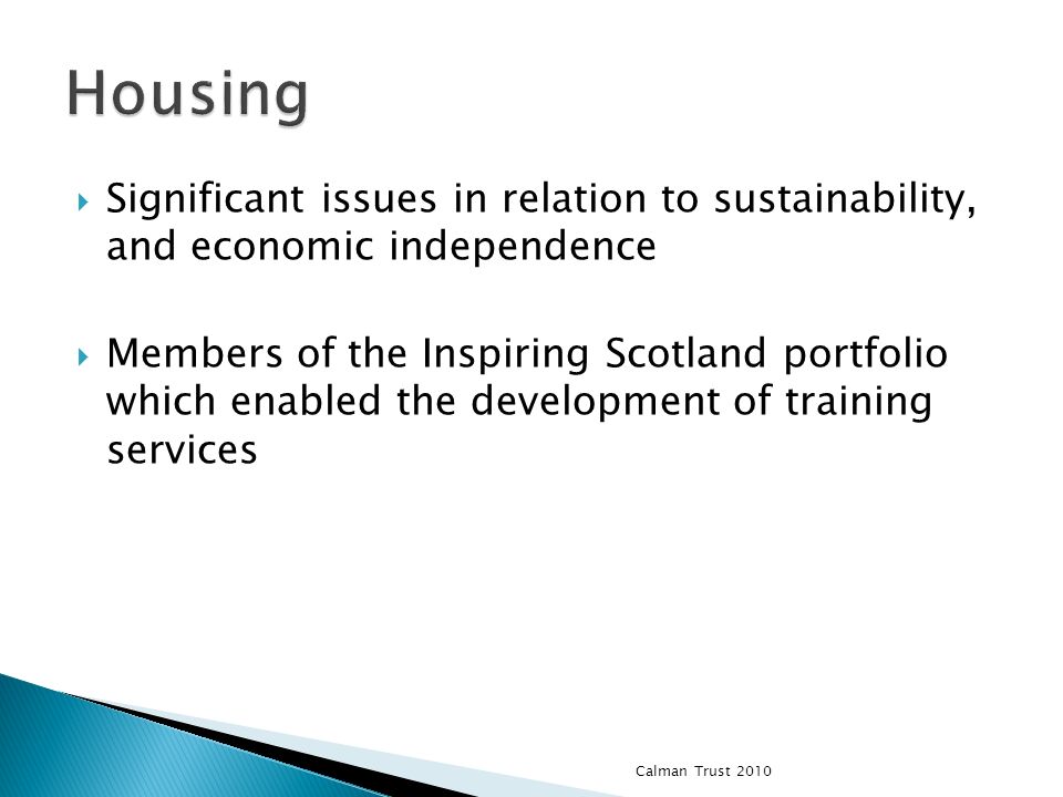Significant issues in relation to sustainability, and economic independence Members of the Inspiring Scotland portfolio which enabled the development of training services Calman Trust 2010