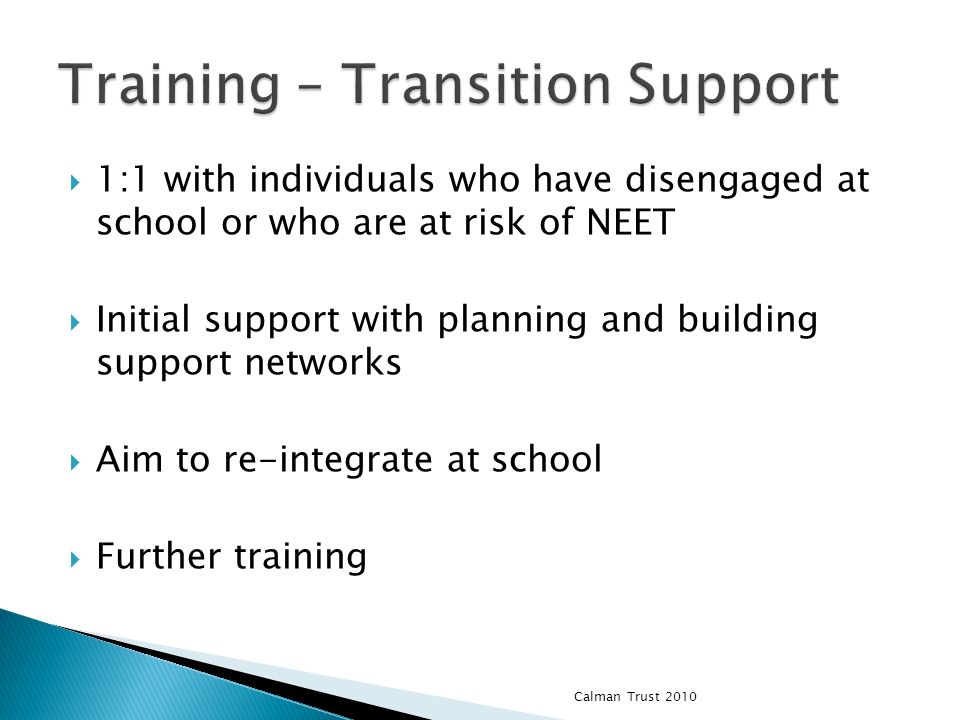 1:1 with individuals who have disengaged at school or who are at risk of NEET Initial support with planning and building support networks Aim to re-integrate at school Further training Calman Trust 2010