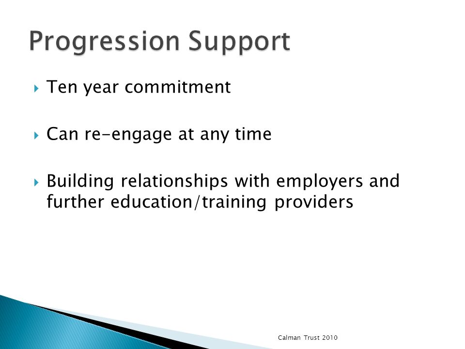 Ten year commitment Can re-engage at any time Building relationships with employers and further education/training providers Calman Trust 2010