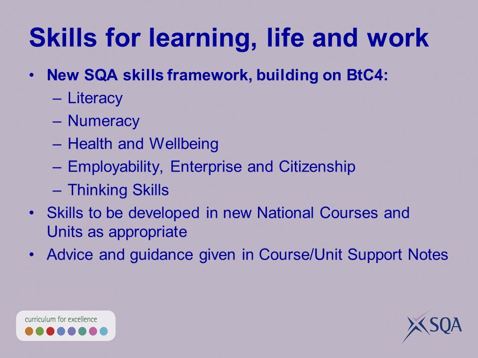 Skills for learning, life and work New SQA skills framework, building on BtC4: –Literacy –Numeracy –Health and Wellbeing –Employability, Enterprise and Citizenship –Thinking Skills Skills to be developed in new National Courses and Units as appropriate Advice and guidance given in Course/Unit Support Notes