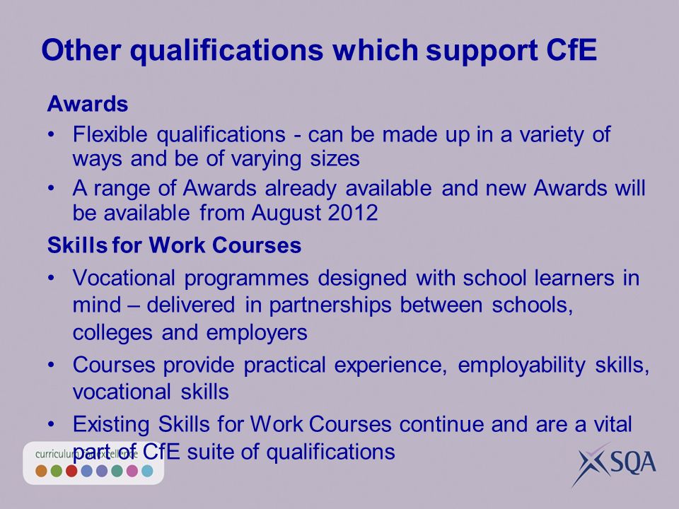 Other qualifications which support CfE Awards Flexible qualifications - can be made up in a variety of ways and be of varying sizes A range of Awards already available and new Awards will be available from August 2012 Skills for Work Courses Vocational programmes designed with school learners in mind – delivered in partnerships between schools, colleges and employers Courses provide practical experience, employability skills, vocational skills Existing Skills for Work Courses continue and are a vital part of CfE suite of qualifications