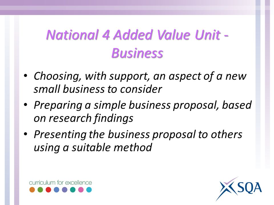 National 4 Added Value Unit - Business Choosing, with support, an aspect of a new small business to consider Preparing a simple business proposal, based on research findings Presenting the business proposal to others using a suitable method