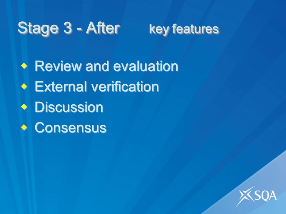 Stage 3 - After key features Review and evaluation Review and evaluation External verification External verification Discussion Discussion Consensus Consensus