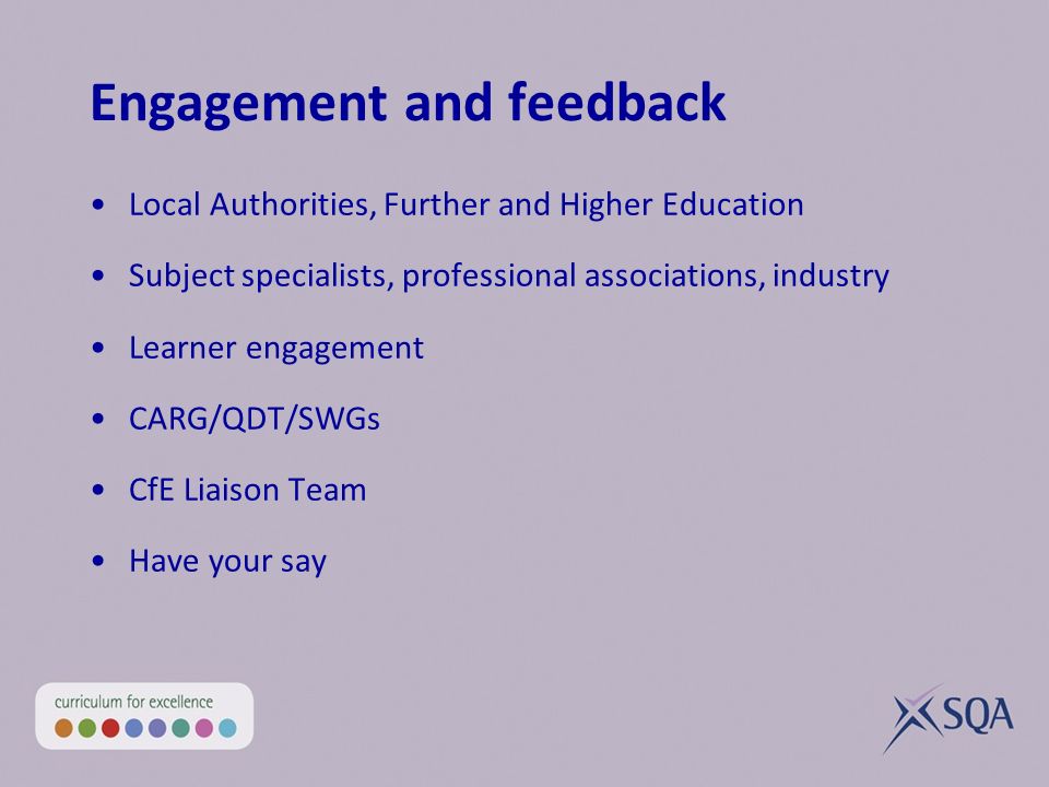 Engagement and feedback Local Authorities, Further and Higher Education Subject specialists, professional associations, industry Learner engagement CARG/QDT/SWGs CfE Liaison Team Have your say