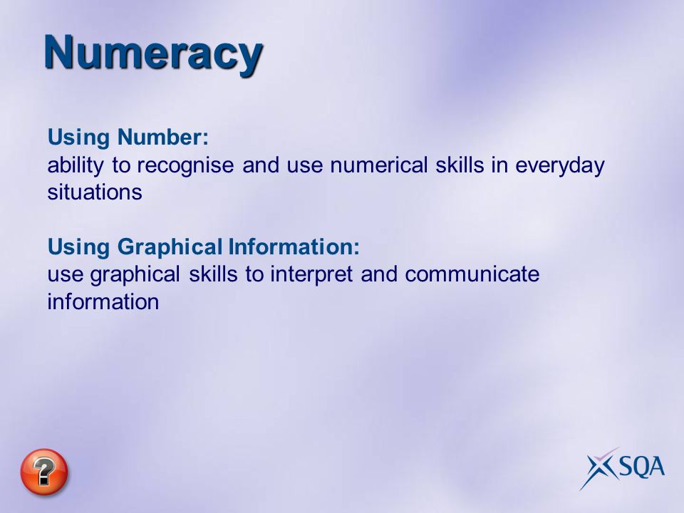 Numeracy Using Number: ability to recognise and use numerical skills in everyday situations Using Graphical Information: use graphical skills to interpret and communicate information
