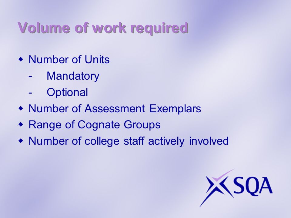 Volume of work required Number of Units -Mandatory -Optional Number of Assessment Exemplars Range of Cognate Groups Number of college staff actively involved