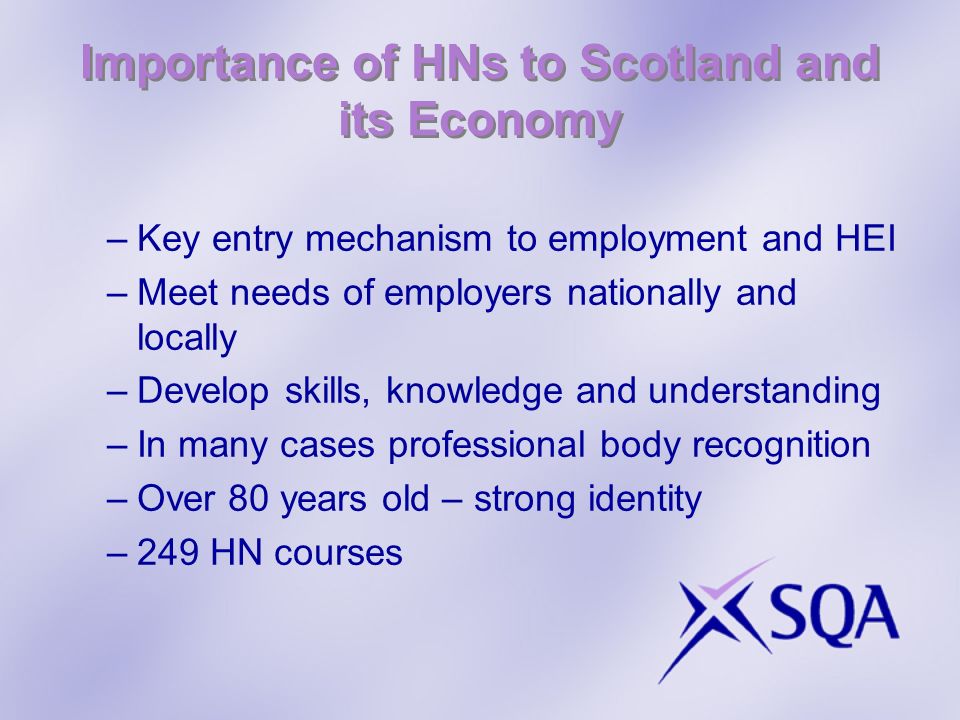 Importance of HNs to Scotland and its Economy –Key entry mechanism to employment and HEI –Meet needs of employers nationally and locally –Develop skills, knowledge and understanding –In many cases professional body recognition –Over 80 years old – strong identity –249 HN courses