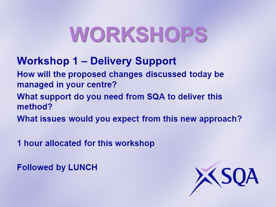 WORKSHOPS Workshop 1 – Delivery Support How will the proposed changes discussed today be managed in your centre.