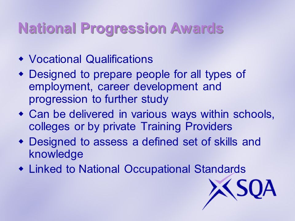 National Progression Awards Vocational Qualifications Designed to prepare people for all types of employment, career development and progression to further study Can be delivered in various ways within schools, colleges or by private Training Providers Designed to assess a defined set of skills and knowledge Linked to National Occupational Standards