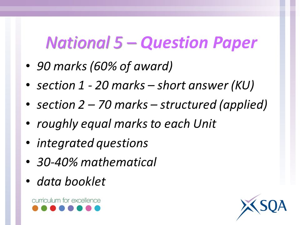 National 5 – National 5 – Question Paper 90 marks (60% of award) section marks – short answer (KU) section 2 – 70 marks – structured (applied) roughly equal marks to each Unit integrated questions 30-40% mathematical data booklet