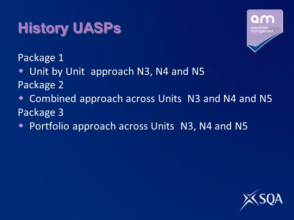 History UASPs Package 1 Unit by Unit approach N3, N4 and N5 Package 2 Combined approach across Units N3 and N4 and N5 Package 3 Portfolio approach across Units N3, N4 and N5