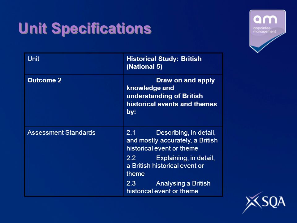 Unit Specifications UnitHistorical Study: British (National 5) Outcome 2Draw on and apply knowledge and understanding of British historical events and themes by: Assessment Standards2.1Describing, in detail, and mostly accurately, a British historical event or theme 2.2Explaining, in detail, a British historical event or theme 2.3Analysing a British historical event or theme