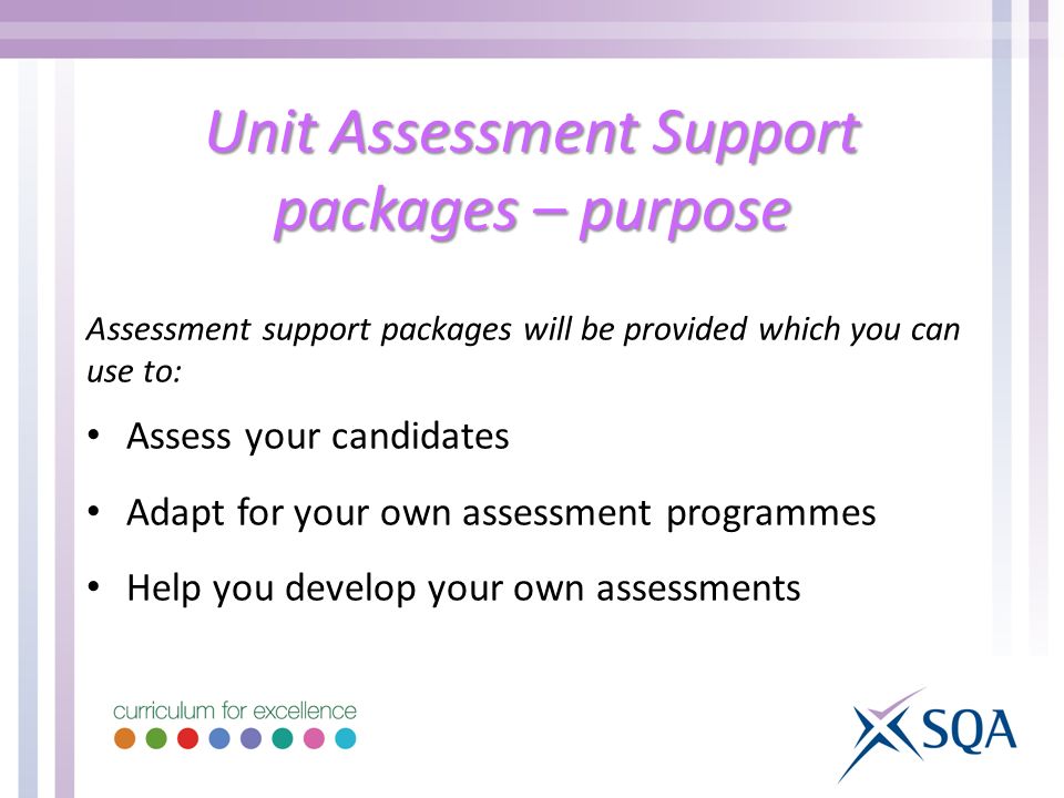 Unit Assessment Support packages – purpose Assessment support packages will be provided which you can use to: Assess your candidates Adapt for your own assessment programmes Help you develop your own assessments