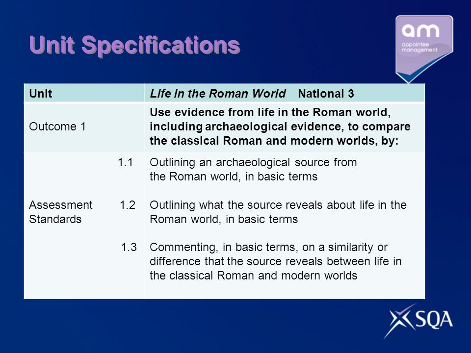 Unit Specifications UnitLife in the Roman World National 3 Outcome 1 Use evidence from life in the Roman world, including archaeological evidence, to compare the classical Roman and modern worlds, by: 1.1 Assessment 1.2 Standards 1.3 Outlining an archaeological source from the Roman world, in basic terms Outlining what the source reveals about life in the Roman world, in basic terms Commenting, in basic terms, on a similarity or difference that the source reveals between life in the classical Roman and modern worlds