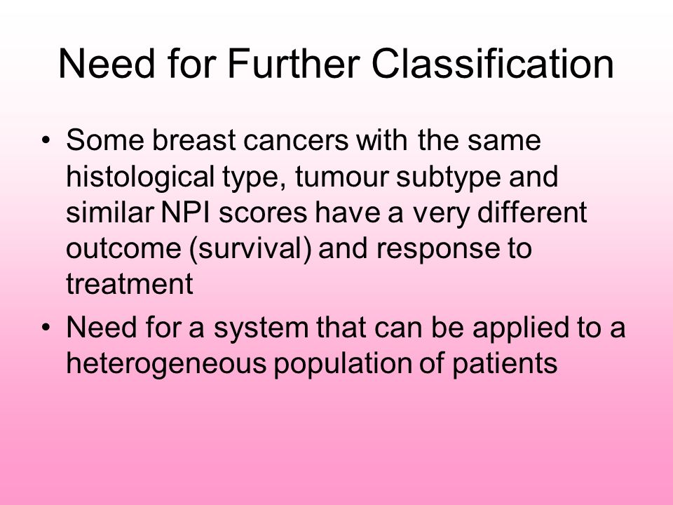 Need for Further Classification Some breast cancers with the same histological type, tumour subtype and similar NPI scores have a very different outcome (survival) and response to treatment Need for a system that can be applied to a heterogeneous population of patients