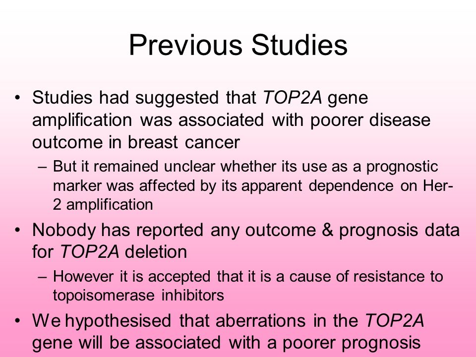 Previous Studies Studies had suggested that TOP2A gene amplification was associated with poorer disease outcome in breast cancer –But it remained unclear whether its use as a prognostic marker was affected by its apparent dependence on Her- 2 amplification Nobody has reported any outcome & prognosis data for TOP2A deletion –However it is accepted that it is a cause of resistance to topoisomerase inhibitors We hypothesised that aberrations in the TOP2A gene will be associated with a poorer prognosis