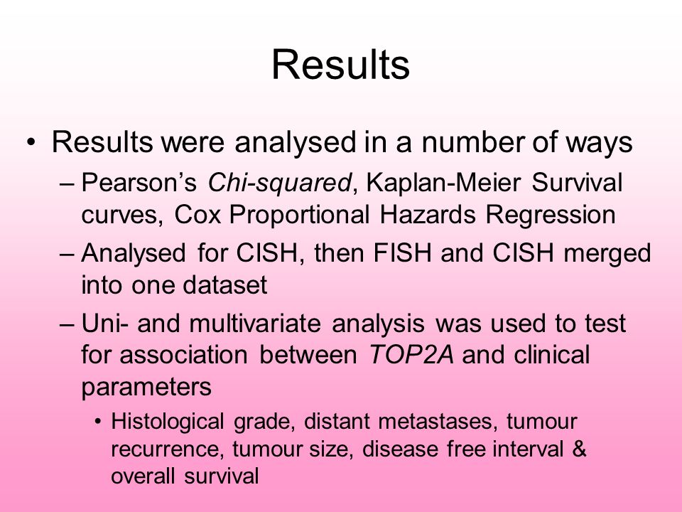 Results Results were analysed in a number of ways –Pearsons Chi-squared, Kaplan-Meier Survival curves, Cox Proportional Hazards Regression –Analysed for CISH, then FISH and CISH merged into one dataset –Uni- and multivariate analysis was used to test for association between TOP2A and clinical parameters Histological grade, distant metastases, tumour recurrence, tumour size, disease free interval & overall survival
