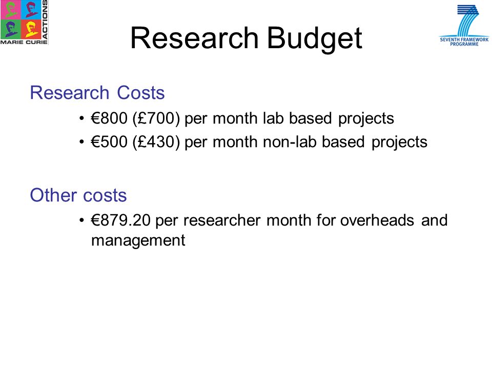 Research Costs 800 (£700) per month lab based projects 500 (£430) per month non-lab based projects Other costs per researcher month for overheads and management Research Budget