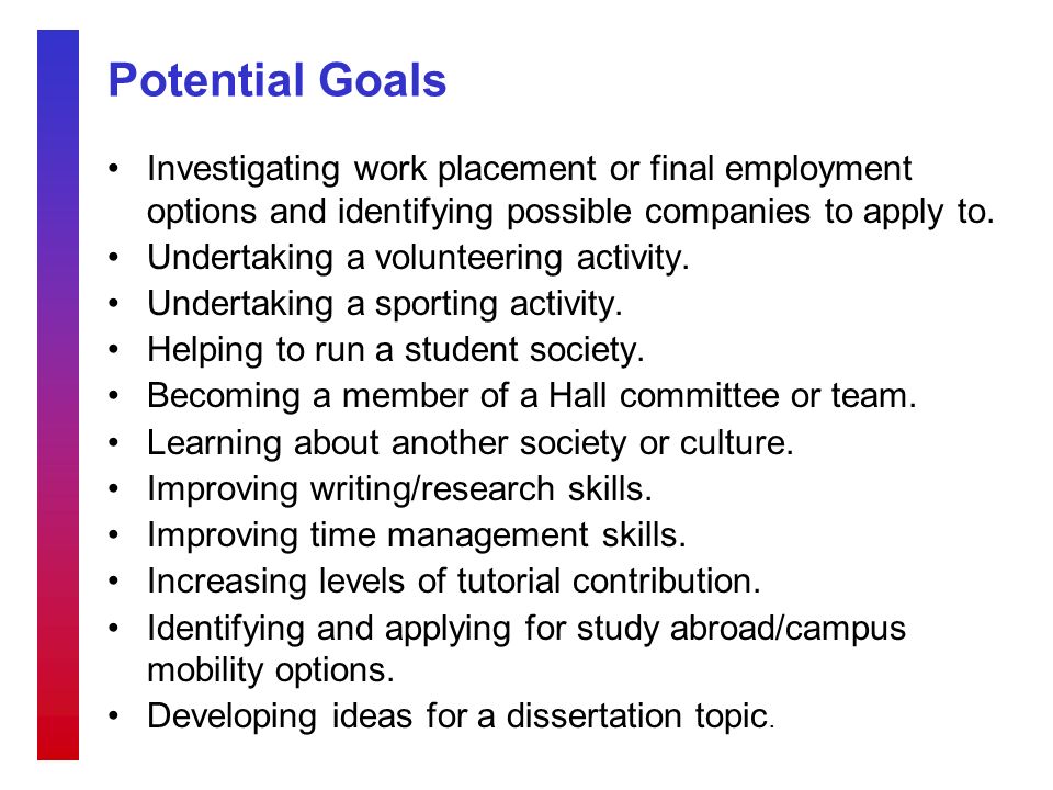 Potential Goals Investigating work placement or final employment options and identifying possible companies to apply to.
