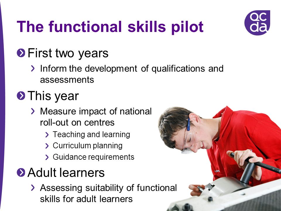 The functional skills pilot First two years Inform the development of qualifications and assessments This year Measure impact of national roll-out on centres Teaching and learning Curriculum planning Guidance requirements Adult learners Assessing suitability of functional skills for adult learners